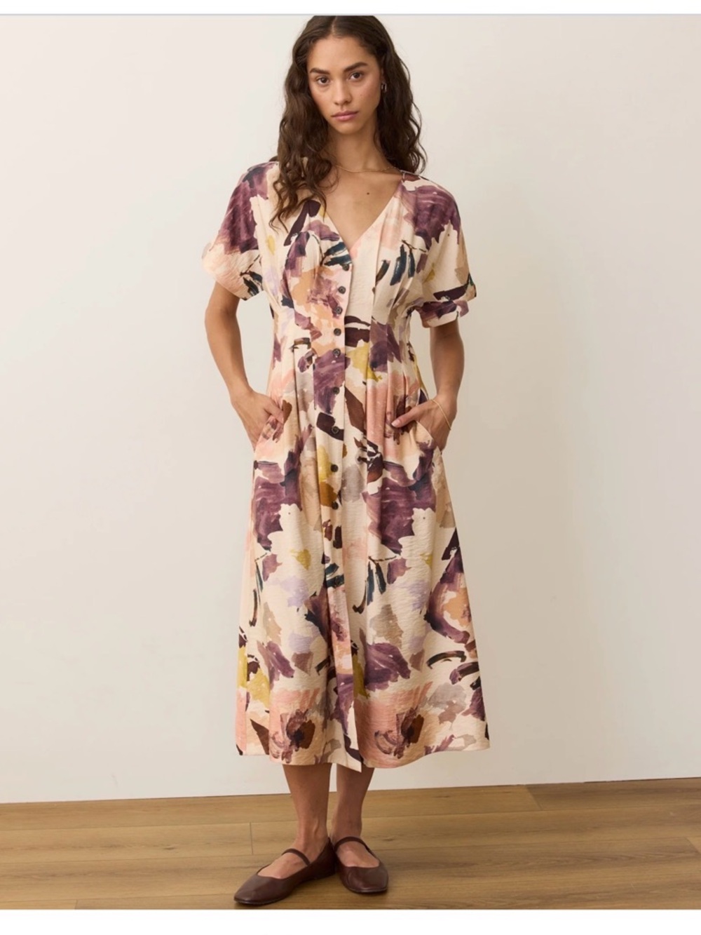 Marine Layer Floral Midi Dress in Cream, Purple, Pink, Yellow
